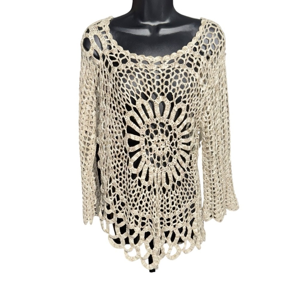 Crochet Open Knit Tunic Sweater Women’s Medium Beige Boho Beach Cover Up Top